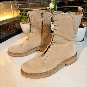 Sam Edelman Beige Suede Mid-Calf Conbat Boots.